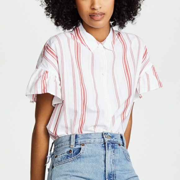 Madewell Tops - MADEWELL red striped ruffle slewve top